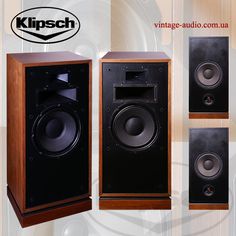 three speakers are shown side by side in front of a wall with the words klipsch on it