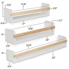 two white shelves are shown with measurements for each shelf