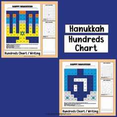 three posters with numbers and symbols for hanukkah, hundredth hours chart