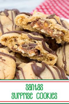 A stacked pile of Santas Surprise Cookies. Surprise Cookies, Surprise Cookie, Holiday Baking Recipes, Chewy Peanut Butter Cookies, Christmas Santas, Peanut Butter Cookie, Cookie Flavors, Chocolate Chip Recipes, Butter Cookie