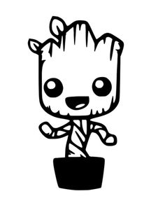 a black and white drawing of a baby groote sitting in a planter