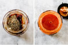 two pictures side by side showing the inside of a blender filled with liquid and spices