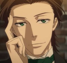 an anime character with green eyes wearing a suit and bow tie