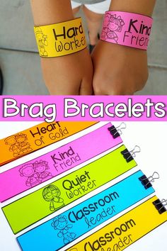 two children's wristbands with the words brag bracelets written on them