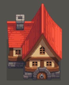 a pixel style house with a red roof