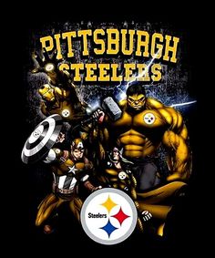 pittsburgh steeles football team with captain america in the center and other characters around them