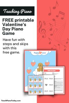 the valentine's day piano game is shown with music notes and an image of a dog