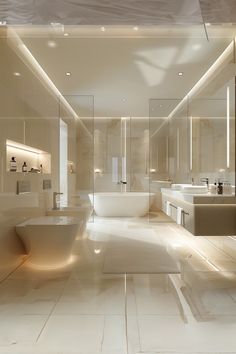 a large bathroom with two sinks and a bathtub in the middle, all white