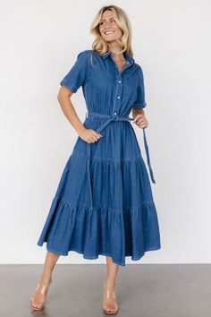 Mindy Pleated Dress | Emerald | Baltic Born Denim One Piece Dress, 2024 Wardrobe, Dresses Occasion, Baltic Born, Waist Sash, Denim Midi Dress, Dress Denim, Sequin Maxi Dress, Denim Color