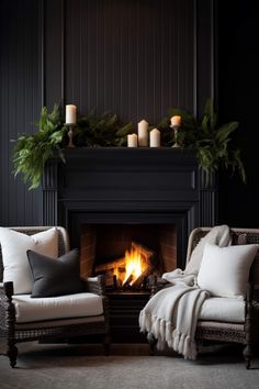 a living room with two chairs and a fire place in the fireplace, surrounded by greenery