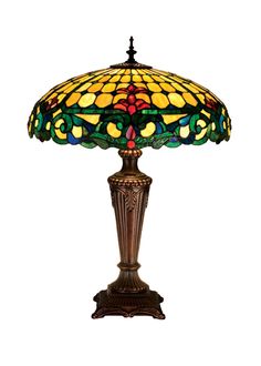 Meyda Tiffany - 15707 - Three Light Table Lamp - Duffner & Kimberly Colonial - Beige Burgundy Blue/Green Green Colonial Table, Ss23 Fashion, Tiffany Light, Stained Glass Home, Stained Glass Lighting, Chairs And Ottomans, Stained Glass Table Lamps, Planter Wall, Tiffany Lighting