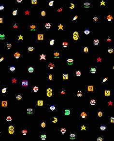 an array of video game icons on a black background, all in different colors and sizes