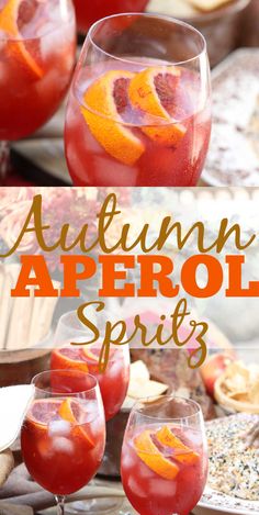 an orange and red drink in glasses with the words autumn aperoli spirits on it