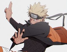 an anime character with blonde hair and black clothes holding his hands up in the air