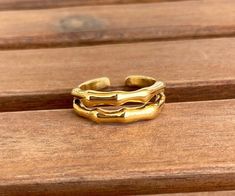 Gold Double Bamboo Ring, Open Bamboo Stainless Steel ring  (Not flexible; will not close)  - Size 7-7.5 U.S - Int. diameter 0,66in./17mm  - Ring 0.78x0,3in./20x8mm - 18K Gold plated Stainless Steel - Nickel Free, Lead Free Bamboo Ring, Bespoke Gifts, Stainless Steel Ring, Gold Gift, Leverback Earrings, Stainless Steel Rings, Steel Ring, Chandelier Earrings, Malta