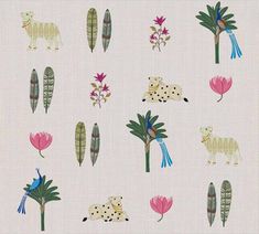 a white wallpaper with various flowers and animals on it