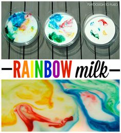 three different colors of melted paint are shown with the words rainbow milk on top and below