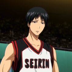 an anime character with black hair wearing a basketball uniform