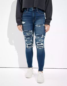 AE Ne(x)t Level Soft Knit Patched Curvy Highest Waist Jegging Tomgirl Jeans, High Waist Jeggings, Dream Jeans, Patches Fashion, Soft Pants, Black Denim Jacket, Designer Jeans