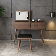 a desk with a mirror, stool and clock on it in front of a wall