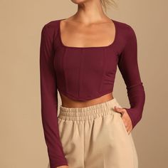 Sold Out Online Fitted Purple Tops For Fall, Purple Fitted Top For Fall, Fitted Purple Tops For Winter, Fitted Fall Purple Tops, Winter Purple Fitted Tops, Fitted Purple Crop Top For Fall, Fitted Purple Winter Tops, Trendy Brown Seamless Crop Top, Purple Ribbed Top