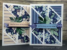 two handmade cards with blue and white flowers on them, one has a quote that says you've been my mind