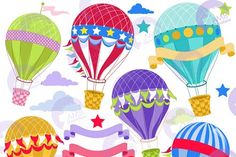 hot air balloons with ribbons and stars on them