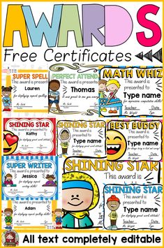 an award certificate for students to use in their writing and spelling skills, with the words awards