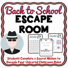 back to school escape room sign with an image of a man in top hat and sunglasses