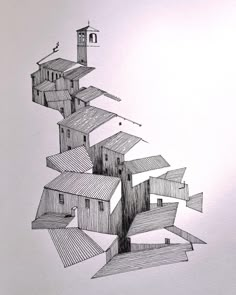 a pencil drawing of a house with stairs going up to the top and a clock tower in the middle