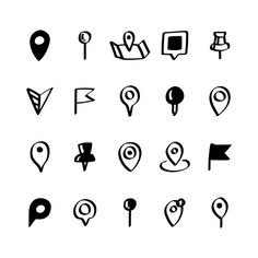 black and white map icons on a white background, each with a location marker in the middle