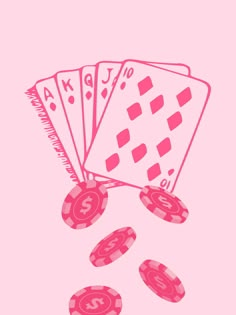 four playing cards and five casino chips falling from the top to the bottom on a pink background