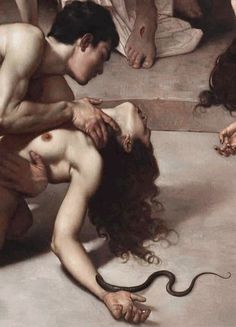 a painting of a naked woman laying on the ground with a snake in her hand