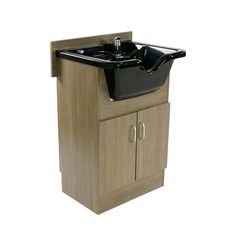 a bathroom sink and cabinet with a black basin on it's front door, against a white background