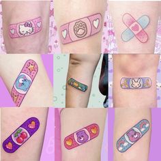 many different tattoos on the legs of people with pink and blue designs, including hearts