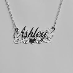 "-Ashley Handmade Item. -Material: Solid 925 Sterling Silver. -Color: Silver. -Pendant Bar Measured: 1.5\" Long x 0.50\" Wide -Thickness Nameplate .9mm. -Chain its included. - Chain Style: Figaro Chain. -Clasp: Spring. -Thickness Chain: 1.5 mm. -Necklace length available: (16\",18\",20\"22\"). -Size: Personalized necklace size include the name pendant and chain size. - Nameplate Letters: (Max 9 letters). Please First letter upper case and rest lower case. -All our work is Custom Made hand finish Custom Silver Name Necklace For Wedding, Custom Silver Necklace With Name For Wedding, Silver Engraved Nameplate Necklaces, Silver Hallmarked Nameplate Jewelry, Custom Engraved Silver Nameplate Necklace, Silver Nameplate Necklace For Anniversary, Silver Sterling Engraved Name Necklace, Sterling Silver Custom Name Necklace In Silver, Sterling Silver Necklace With Custom Name In Silver