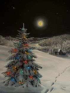 a painting of a christmas tree in the middle of a snow covered field at night