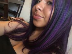 Eggplant Hair Color With Highlights Dark Purple, Purple Highlights On Black Women, Black Hair W Purple Highlights, Purple Layers Hair, Black And Purple Highlights Hair, Black Hair And Purple Highlights, Purple Stripes In Brown Hair, Highlights Brown Hair Purple, Purple Highlights In Dark Brown Hair