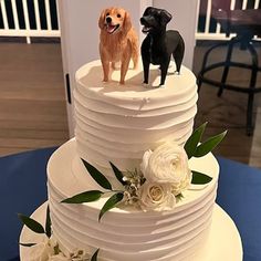 two dogs are standing on top of a tiered wedding cake with white flowers and greenery