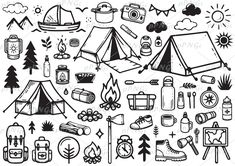 black and white camping doodles