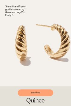 Dreaming of Paris at night? These Croissant Hoops will take you there. Gold vermeil is sterling silver layered with a thick layer of 18k gold, which is much higher quality than standard gold plating.  | Quince | Women's Croissant Hoop Earrings in Gold Vermeil Paris At Night, Quince, Gold Vermeil, 18k Gold, Gold Plate, Hoop Earrings, Plating, Sterling Silver, Gold