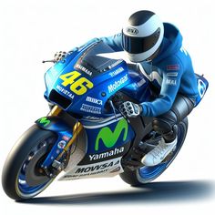 a man riding on the back of a motorcycle down a race track in front of a white background