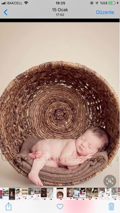 a newborn baby is curled up in a basket