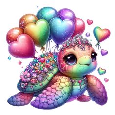 a cute little turtle with lots of balloons on it's back, floating in the air