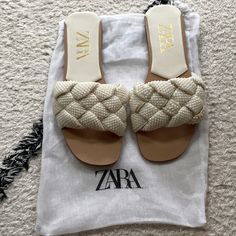 Never Worn Zara Flat Beaded Sandal Cream Sandals For Beach Season, Cream Sandals For Beach Vacation, Cream Sandals For Vacation And Beach Season, Beach Season Cream Sandals, Cream Synthetic Sandals For The Beach, Cream Synthetic Sandals For Beach Season, Cream Synthetic Sandals For Beach, Cream Summer Sandals For Beach Season, Cream Sandals With Woven Sole For Beach