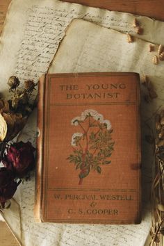 an old book sitting on top of a table next to dried flowers