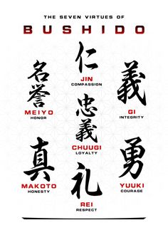 the seven types of bushidoo written in chinese characters and their meanings, including