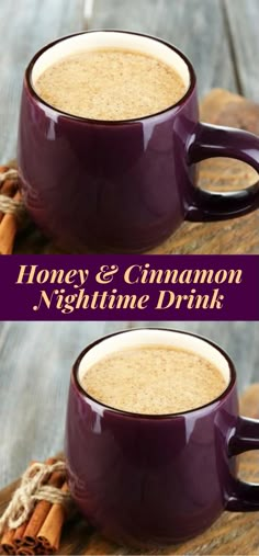 two mugs filled with cinnamon drink sitting on top of a wooden table