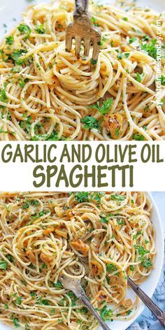 garlic and olive oil spaghetti on a white plate