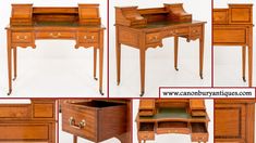 an antique desk with two drawers and one drawer on the top, is shown in four different views